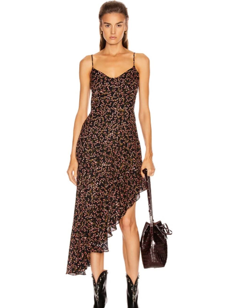 Nicholas 100% silk asymmetrical spaghetti strap slip dress black floral US 6